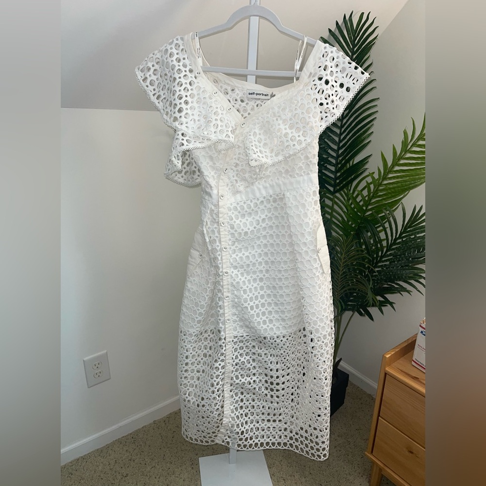 self-portrait Lace Frill Asymmetric Cold shoulder Midi Dress uk size 6 and US 2 - Picture 5 of 7